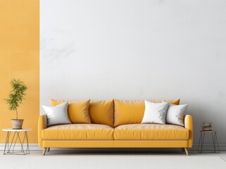 Modern interior of living room with yellow sofa.