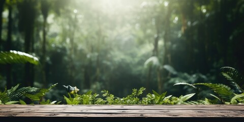 Wooden tabletop in the forest, background nature, There is space to place products.
