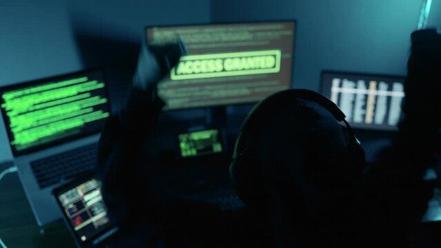 Happy professional hacker raised hand celebration successful after login breaks into data servers and infects their systems with a virus. Security password login, Cyber crime, Digital system security
