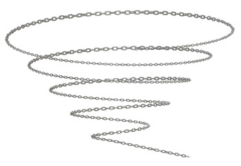 The metal chains are shaped into multiple twisted spiral curves, 3d render, transparent background, PNG.