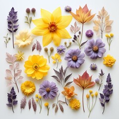 Fototapeta na wymiar beautiful assorted pressed purple and yellow flowers, on a plain white background2 generative ai