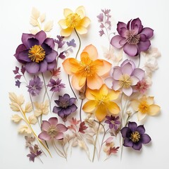 beautiful assorted pressed purple and yellow flowers, on a plain white background generative ai