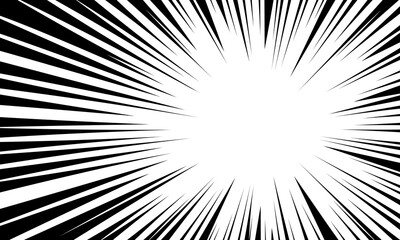 Concentrated comic lines, speed monochrome background. Cartoon zoom effect for anime or manga book. Superhero or explosion action frame. Black converging rays