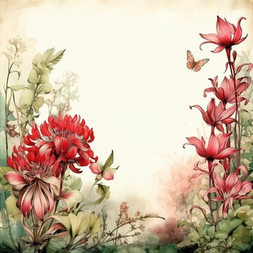 a floral frame , in the style of vintage atmosphere, dreamlike naturaleza, spectacular backdrops, etam cru, light crimson and green, ink-washed4 generative ai