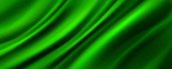 Green silk fabric background with flow liquid ripples effect. Realistic vector illustration of satin cloth texture with folds and wrinkles. Sleek and soft royalty drapery textile material surface.