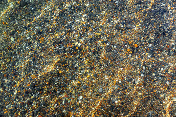 The seabed is not far from the shore. Perfectly clean sea water and the seabed near the shore. Patterns of the sun breaking through crystal clear water on the seabed.