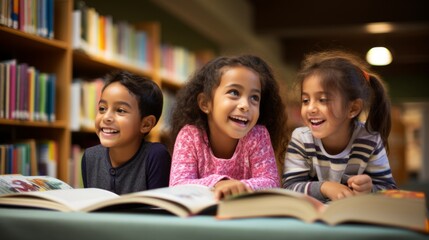 A diverse group of children reading books in a school library