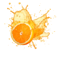 Poster photorealistic image of an orange juice splash. splash of orange fruit juice with drops and splashes. © Татьяна Гончарук