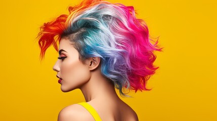 A person with bold and neon hair color in yellow background