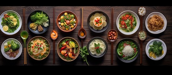 Assorted Chinese food set. Famous Chinese cuisine dishes on table. Top view. Chinese restaurant concept. Asian style banquet