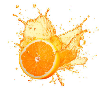 photorealistic image of an orange juice splash. splash of orange fruit juice with drops and splashes.