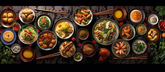 Assorted Chinese food set. Famous Chinese cuisine dishes on table. Top view. Chinese restaurant...
