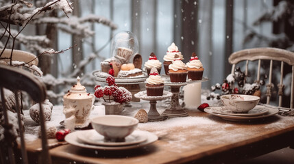 Fototapeta premium a table setting with cupcakes and trees on a table