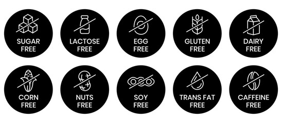 Set allergen free icons. Allergen free products. Products warning symbols. Lactose free, gluten free, sugar free, corn free, egg free, trans fat free, soy free, nuts free, coffeine free sign.