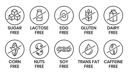 Set allergen free icons. Allergen free products. Products warning symbols. Lactose free, gluten free, sugar free, corn free, egg free, trans fat free, soy free, nuts free, coffeine free sign.