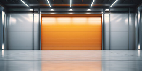 Roller door, roller shutter or shutter door and concrete floor in industrial building i.e. factory,...