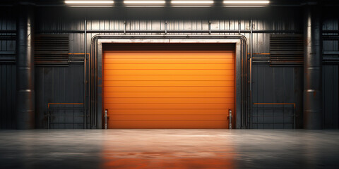 Roller door, roller shutter or shutter door and concrete floor in industrial building i.e. factory, warehouse, shop, garage or store. Include lighting at night. Nobody and empty space for background. - obrazy, fototapety, plakaty