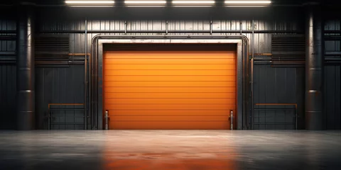 Photo sur Aluminium Vielles portes Roller door, roller shutter or shutter door and concrete floor in industrial building i.e. factory, warehouse, shop, garage or store. Include lighting at night. Nobody and empty space for background.
