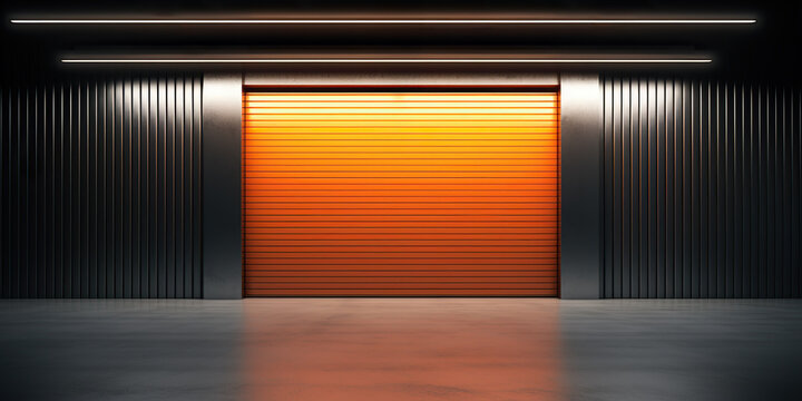 Roller door, roller shutter or shutter door and concrete floor in industrial building i.e. factory, warehouse, shop, garage or store. Include lighting at night. Nobody and empty space for background.