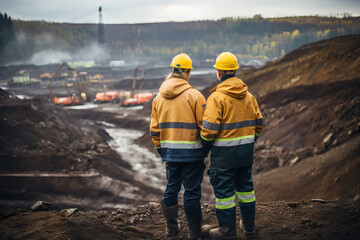 two people wearing safety jackets in the mining field. mining field. For may day and presentation background