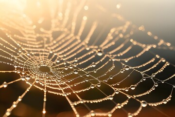A close-up of a dew-kissed spiderweb, glistening in the morning sun.
