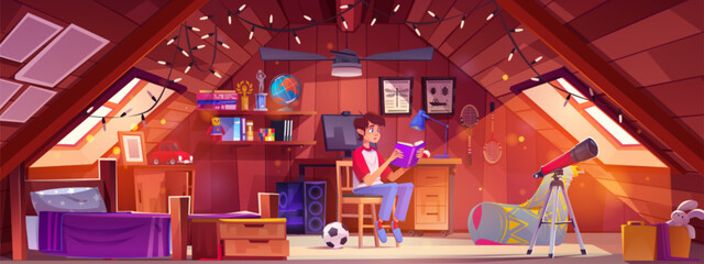 Teen boy reading book in attic bedroom. Vector cartoon illustration of smart kid enjoying hobby, tidy room with wooden bed, drawer, pictures on wall, computer on desk, armchair, toys in box, telescope