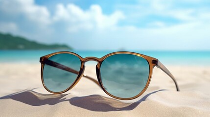 a pair of sunglasses on a beach - Powered by Adobe