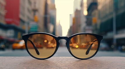 a pair of sunglasses on a sidewalk - obrazy, fototapety, plakaty