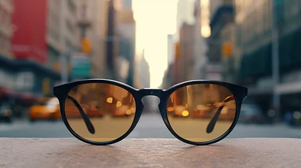 Fotobehang a pair of sunglasses on a sidewalk © KWY
