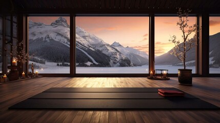 a room with a view of mountains and a lake
