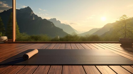 a wood deck with a phone on it and trees and mountains in the background