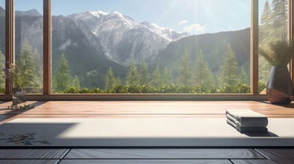 a window with a view of a mountain and trees