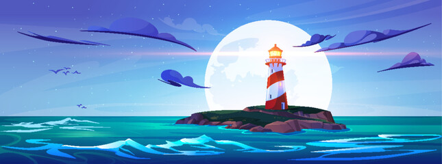 Lighthouse in night sea on rock island landscape illustration. Beacon on cliff in ocean water above full moon. Seascape harbor scenery with navigation building in Oregon. Navigation light ray - obrazy, fototapety, plakaty