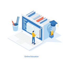 Isometric online education, e learning and adult courses concept. Language distance school. Modern 3d vector illustration for web site, banner design, video tutorial, landing page template