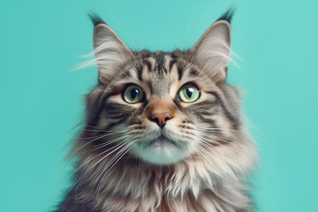Portrait of a gray tabby cat on mint background close-up front view.