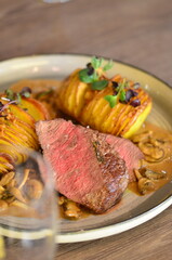 rump steak with potatoe, yummy food background