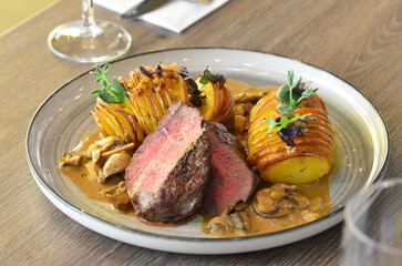 rump steak with potatoe, yummy food background