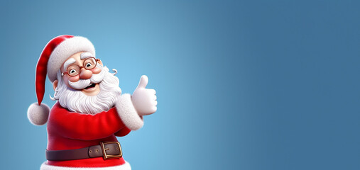 Smiling Santa Claus pointing at blue blank advertising banner background with copy space