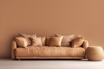 leather sofa with pillows on of brown wall front view, concept of modern minimalist interior.