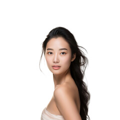 Close-up shot of a korean beauty model with a bright face and perfect skin looking at the camera isolated on white background