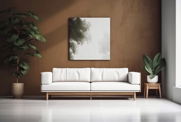 White sofa and artificial plants on background of brown wall front view, concept of modern minimalist interior.