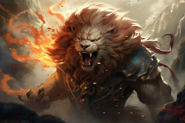 illustration of a lion warrior - obrazy, fototapety, plakaty