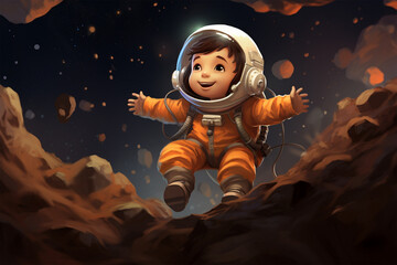 illustration of a small child astronaut in space - obrazy, fototapety, plakaty