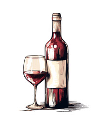 Hand Drawn Illustration Wine Glass and Bottle