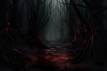 Misty forest in the evening. Spooky, Halloween concept.