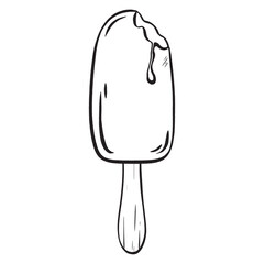 Vector illustration of a delicious ice cream on a wooden stick, the first bite taken, with a sweet droplet running down chocolate glaze. A tempting menu and ice cream truck ad treat
