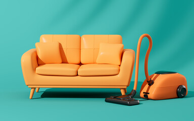 Sofa and vacuum cleaner in the green background, 3d rendering.