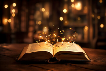 Old book with magic lights on aged table in defocused librar