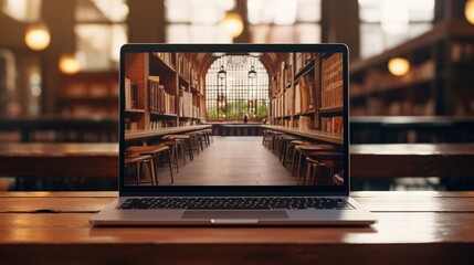 a laptop on a table in a library - obrazy, fototapety, plakaty