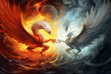 ancient chinese style dragon fighting illustration background - obrazy, fototapety, plakaty